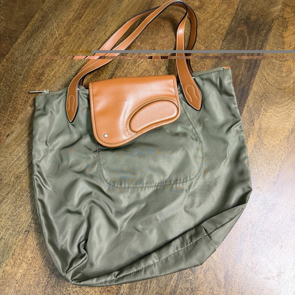 Polo Ralph Lauren Olive Green Nylon Leather Tote Bag